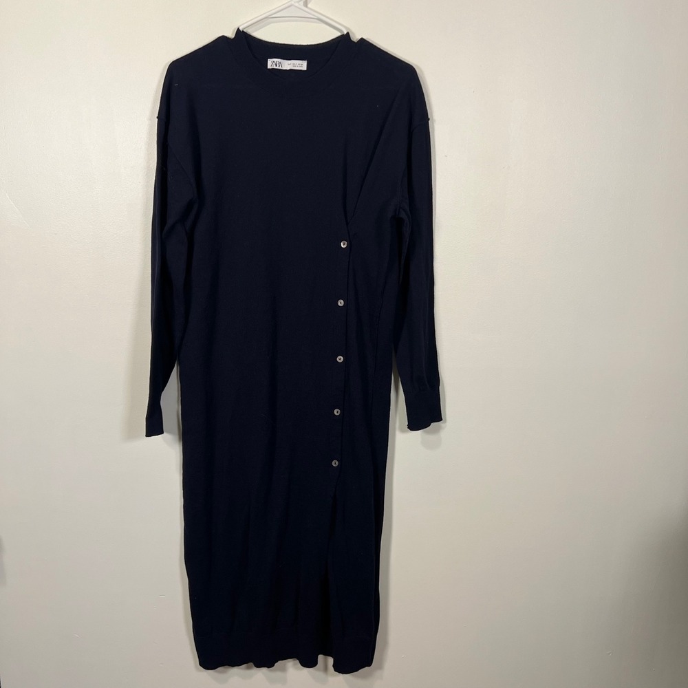 Zara Womens Navy Blue Asymmetrical Button Knit Midi Dress Minimalist Small